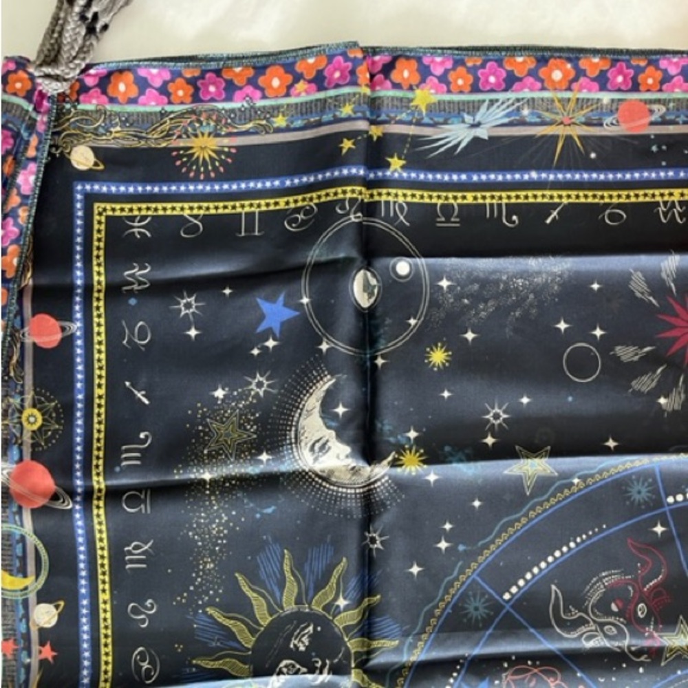 Johnny Was Celestine Silk Scarf Floral Black Tassels Sun Stars Square Large NEW